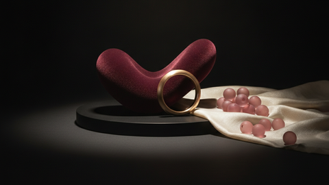 Composition abstraite evoquant la sensualite et la douceur, anneau dore et textile creme