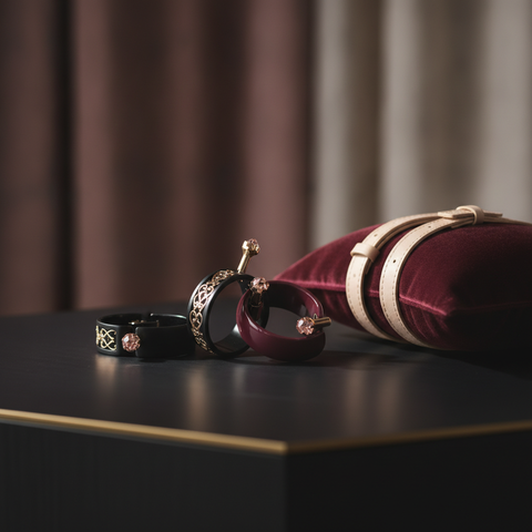 Accessoires de plaisir masculin en metal et silicone poses sur un plateau sombre